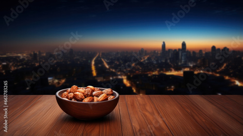 Juicy dates in a bowl on wooden table with urban background