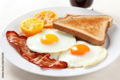 a traditional english breakfast with bacon, eggs and toast