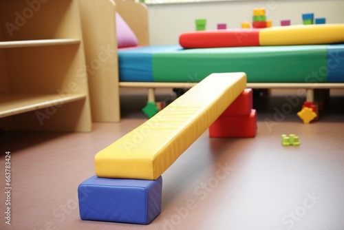 a childs balance beam in a cushioned play area