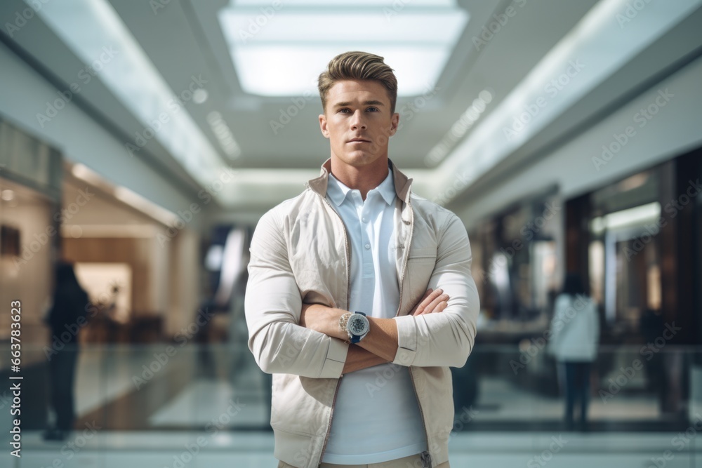 Stylish young man with a watch in a large indoor shopping mall. Fictional characters created by Generated AI. Stylish young man with a watch in a large indoor shopping mall. Fictional characters created by Generated AI.