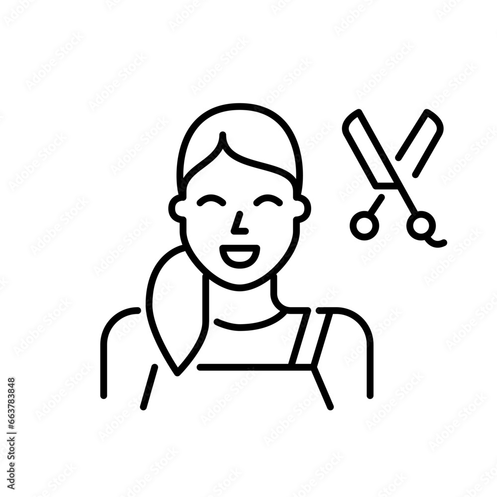 Obraz premium Trendy hair stylist. Girl in apron holding scissors. Hair salon. Pixel perfect, editable stroke icon
