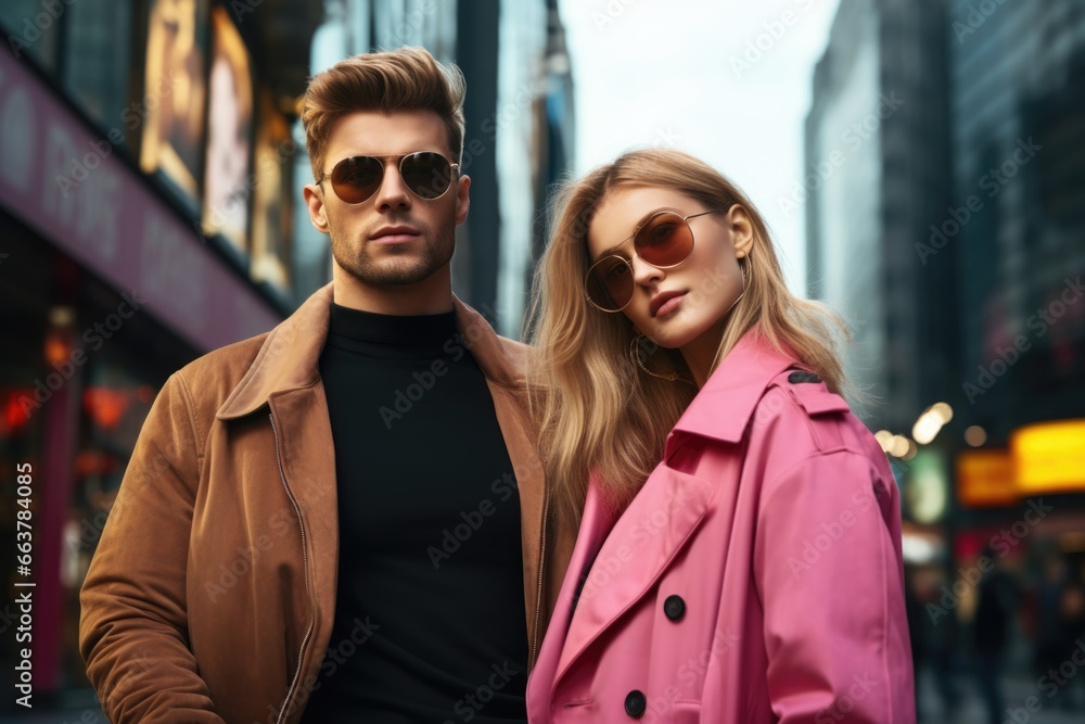 A pair of stylish young adults posing for a picture in the city.. Fictional characters created by Generated AI. A pair of stylish young adults posing for a picture in the city.. Fictional characters created by Generated AI.