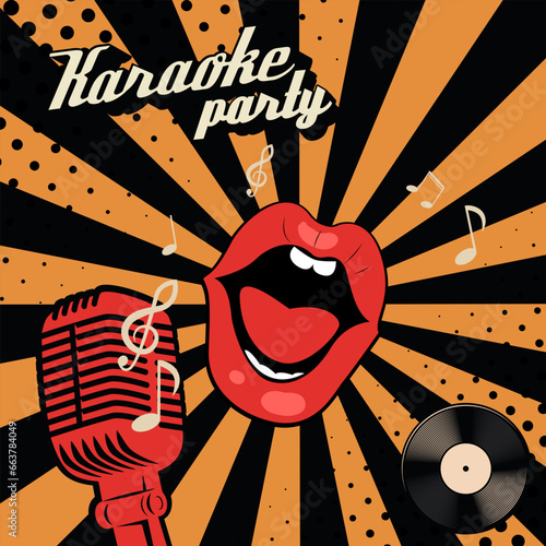 Karaoke party. Human lips with old style microphone on grunge background. Design element for flyer, poster. Vector illustration.