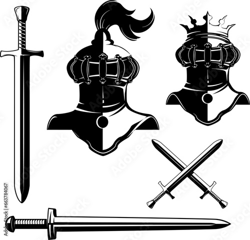 Knight's helmet with crown isolated on white background. Knight's swords. Design elements for logo, label, emblem, sign, brand mark. Vector illustration