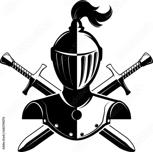 Knight helmet with two swords and shield isolated on white background. Design elements for logo, label, emblem, sign, brand mark. Vector illustration.