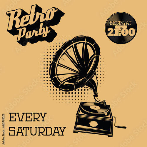 Retro party vintage poster template. Vintage style gramophone on grunge background. Design element for flyer, poster. Vector illustration.