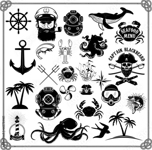 Big set of design elements for nautical emblems, seafood restaurant. Vector illustration.