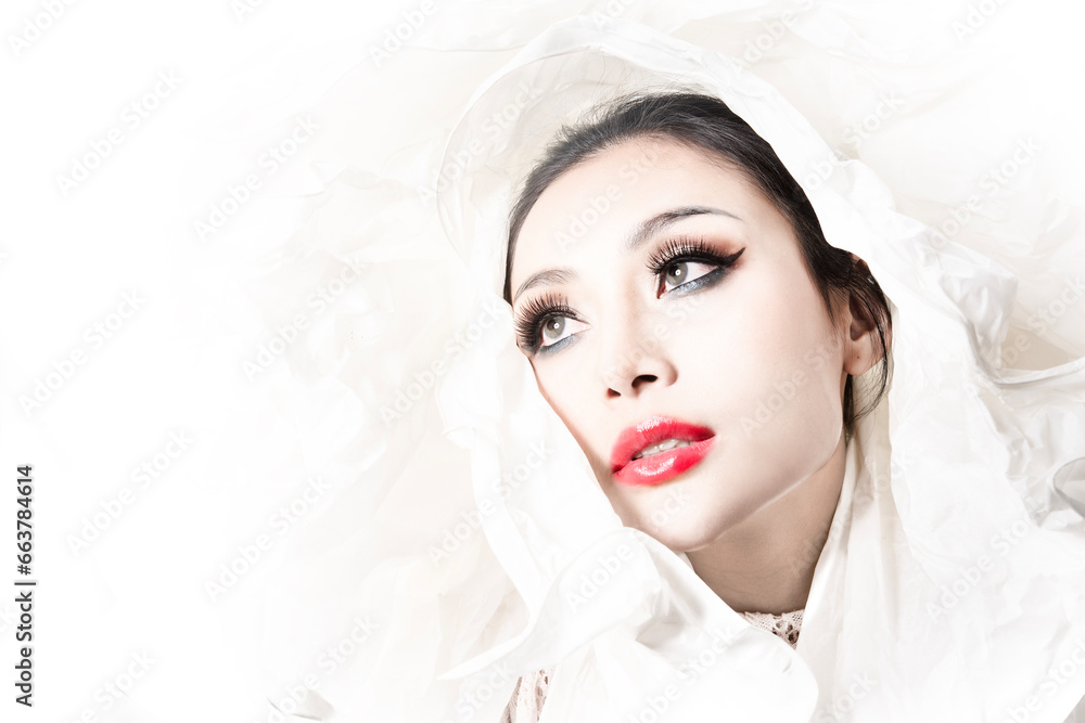 portrait of a woman Beauty Model Girl with bright eyebrows, perfect make-up, red lips, touching her face. Sexy lady makeup for party. Isolated on white background portrait of a woman Beauty Model Girl with bright eyebrows, perfect make-up, red lips, touching her face. Sexy lady makeup for party. Isolated on white background