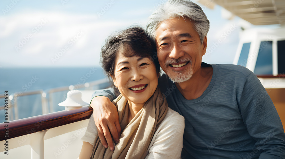 Happy senior japanese, asian couple on the deck of a cruise ship in the mediterranean - obrazy, fototapety, plakaty 