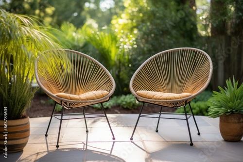 two similar designed chairs on a patio