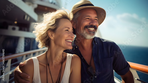 Happy smiling senior hispanic mexican couple on the deck of a cruise ship at sea © Munali
