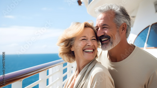 Happy senior white couple enjoying a cruise together