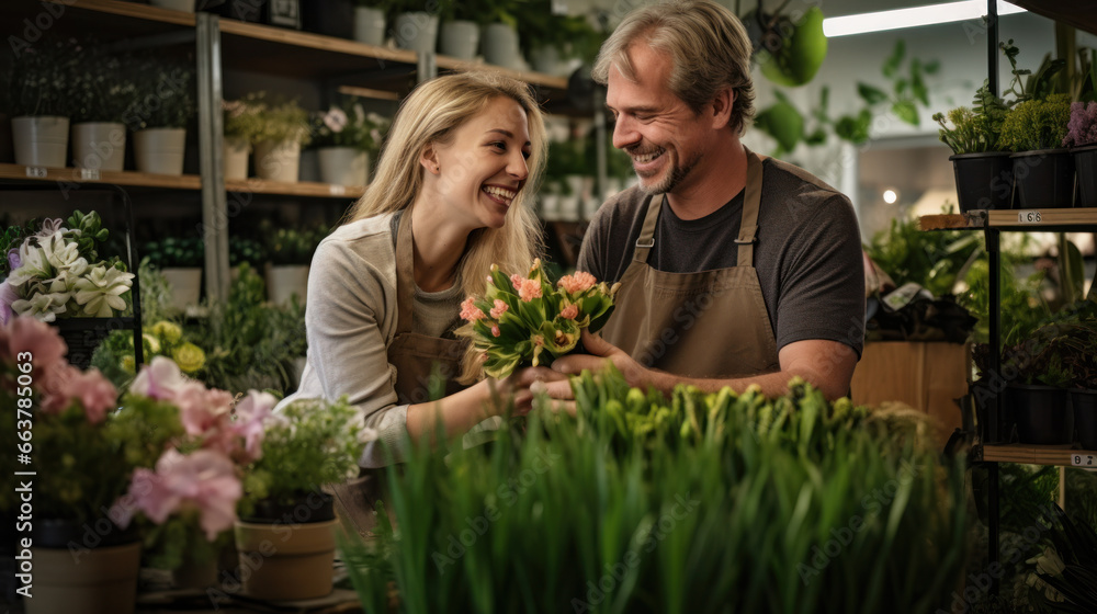 Small business. Two happy and smiling florist working together in flower shop. Florist talking and making beautiful bouquet of flower together with her black colleague. Beautiful florists arranging