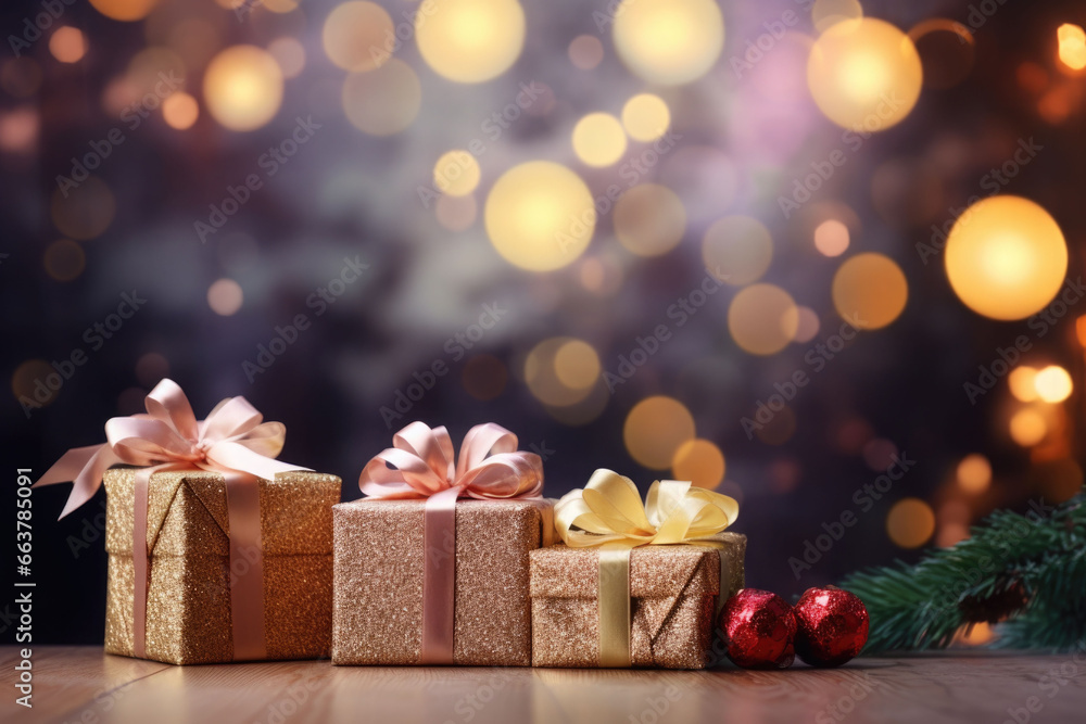 Christmas gift boxes, pine cones and branches on the background of bokeh garlands. Generative AI