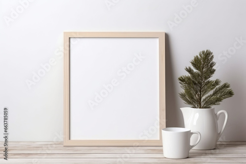 Minimal festive Christmas decor. Blank picture frame mockup with pine tree branches and cup of coffee. Generative AI