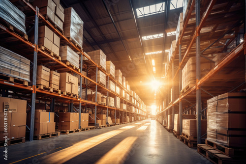 Wallpaper Mural Modern contemporary warehouse with warm sunlight filtering through rows of goods. AI generated Torontodigital.ca