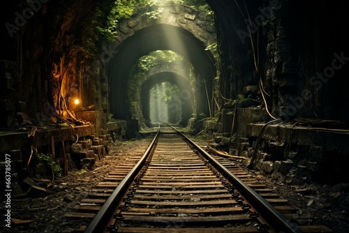 a train track emerging from a dim tunnel. Generative AI
