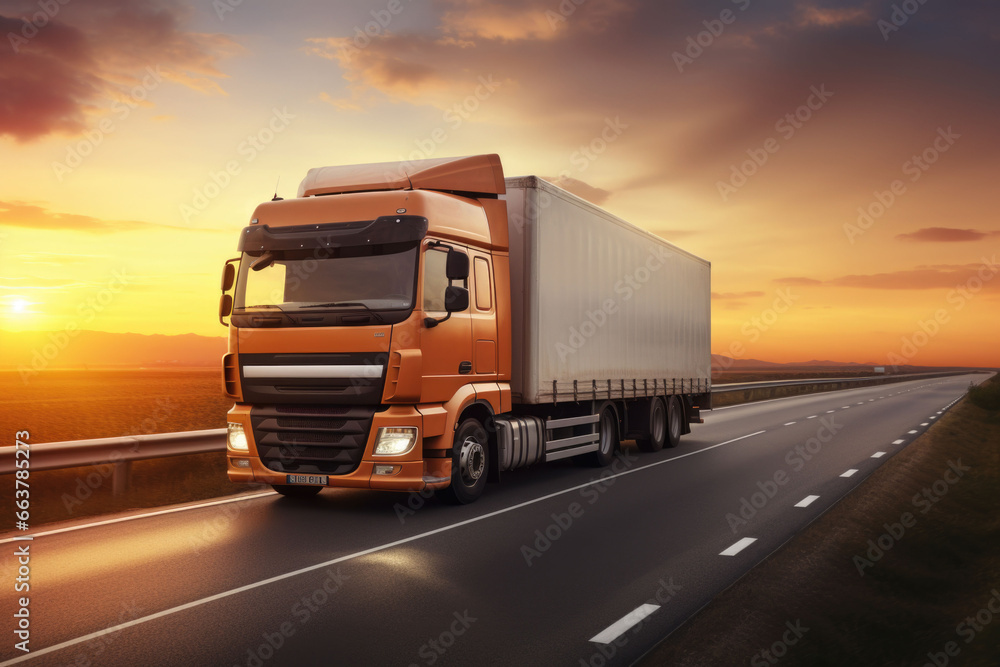 Truck with container on the highway on blurred background. Cargo transportation concept. Generative AI