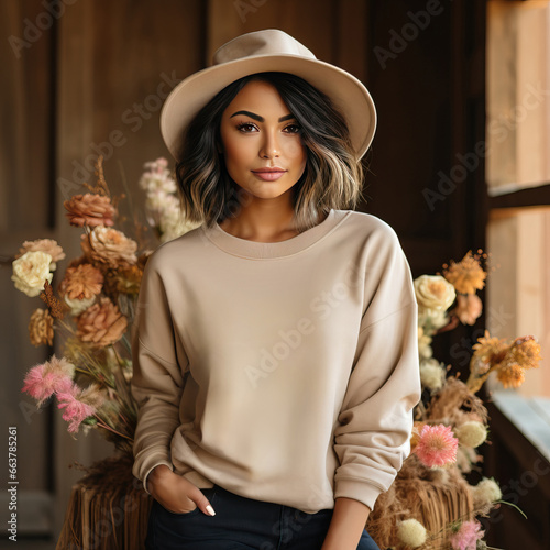 Beautiful Woman Wearing a Blank Solid Sand Beige Crewneck Sweatshirt and Wide Brim Hat Posing in a Rustic Barn with Romantic Boho Florals  photo