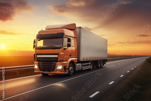 Truck with container on the highway on blurred background. Cargo transportation concept. Generative AI