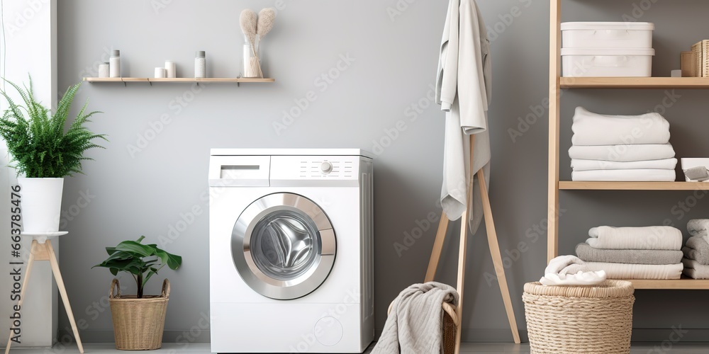a design for arranging the washing machine and racks for clothes, towels and so on - obrazy, fototapety, plakaty 