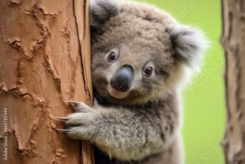 koala bear clinging onto a eucalyptus tree