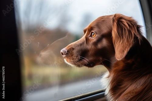 a dog looking longingly out a window photo