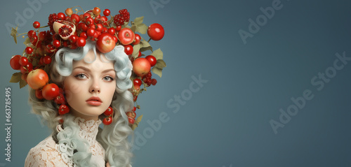 Portrait of a woman with fruit in her hair, like red currants and apples, healthy eating, harvest in the autumn