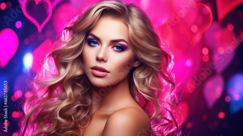 High Fashion model girl in colorful bright sparkles and neon lights posing in studio, portrait of beautiful sexy woman, trendy glowing make-up. Art design colorful make up. Glitter Vivid neon makeup