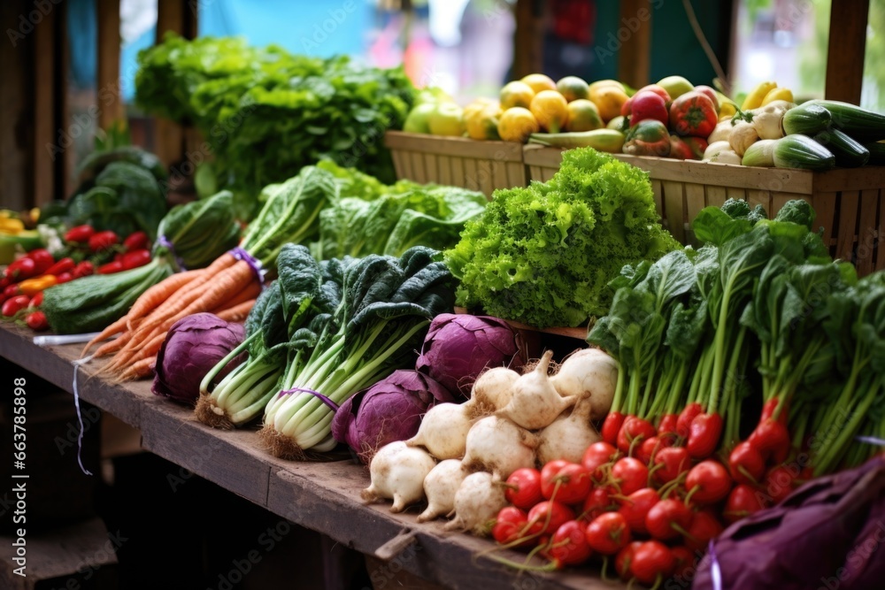 farmers market stall loaded with organic vegetables