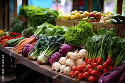 farmers market stall loaded with organic vegetables