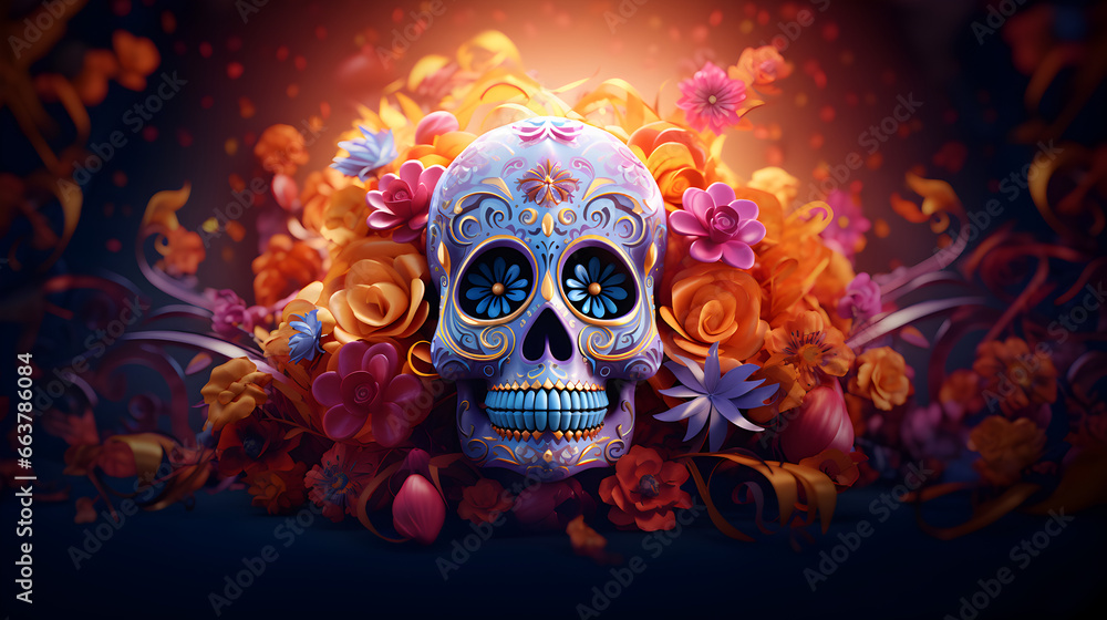 crâne décoré entouré par des formes naturelles multicolores, pour halloween ou Día de los Muertos crâne décoré entouré par des formes naturelles multicolores, pour halloween ou Día de los Muertos
