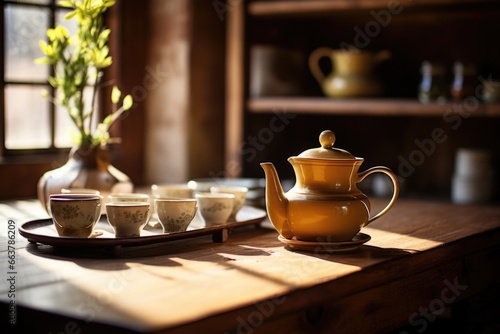 a tea set on a wooden table in a well-lit room