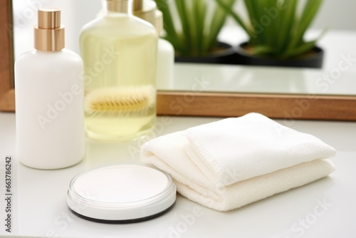 microfiber facial pads and a gentle cleanser on a vanity