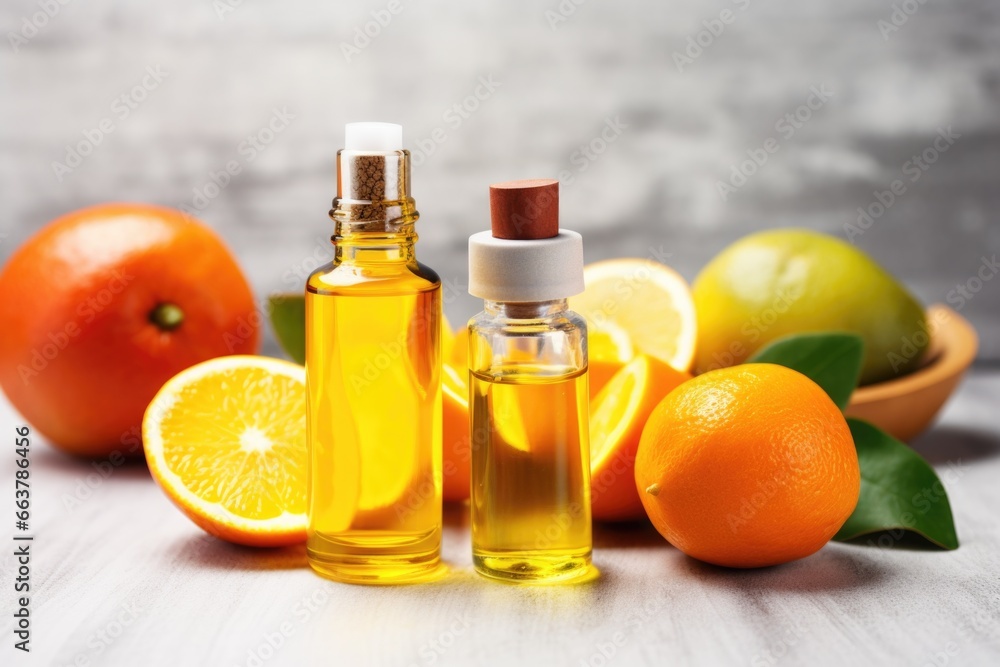 vitamin c serum in a bottle next to citrus fruits vitamin c serum in a bottle next to citrus fruits