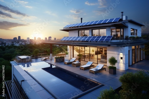 City house with a photovoltaic system on the roof