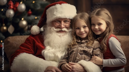 Cheerful Children Christmas Image: Festive Santa Claus with Little Ones in a Decked-Out Photo Zone