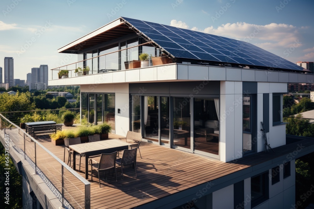 City house with a photovoltaic system on the roof