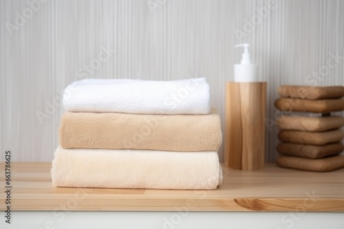 stack of clean towels on a wooden bathroom shelf