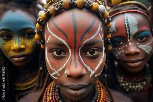 The face of colorful makeup of the Suri tribe in Africa photo