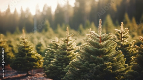 Festive Nurture: Beautiful Christmas Fir Pine Growing on Countryside Plantation for Seasonal Cut Harvest