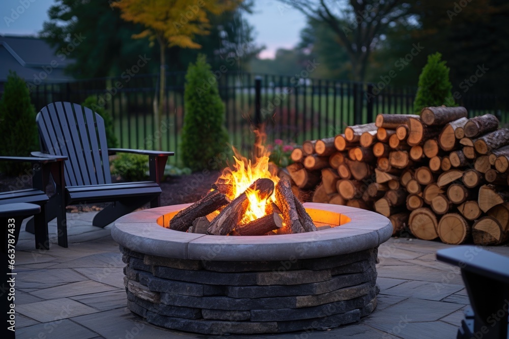 round stone fire pit with wood stacked within round stone fire pit with wood stacked within