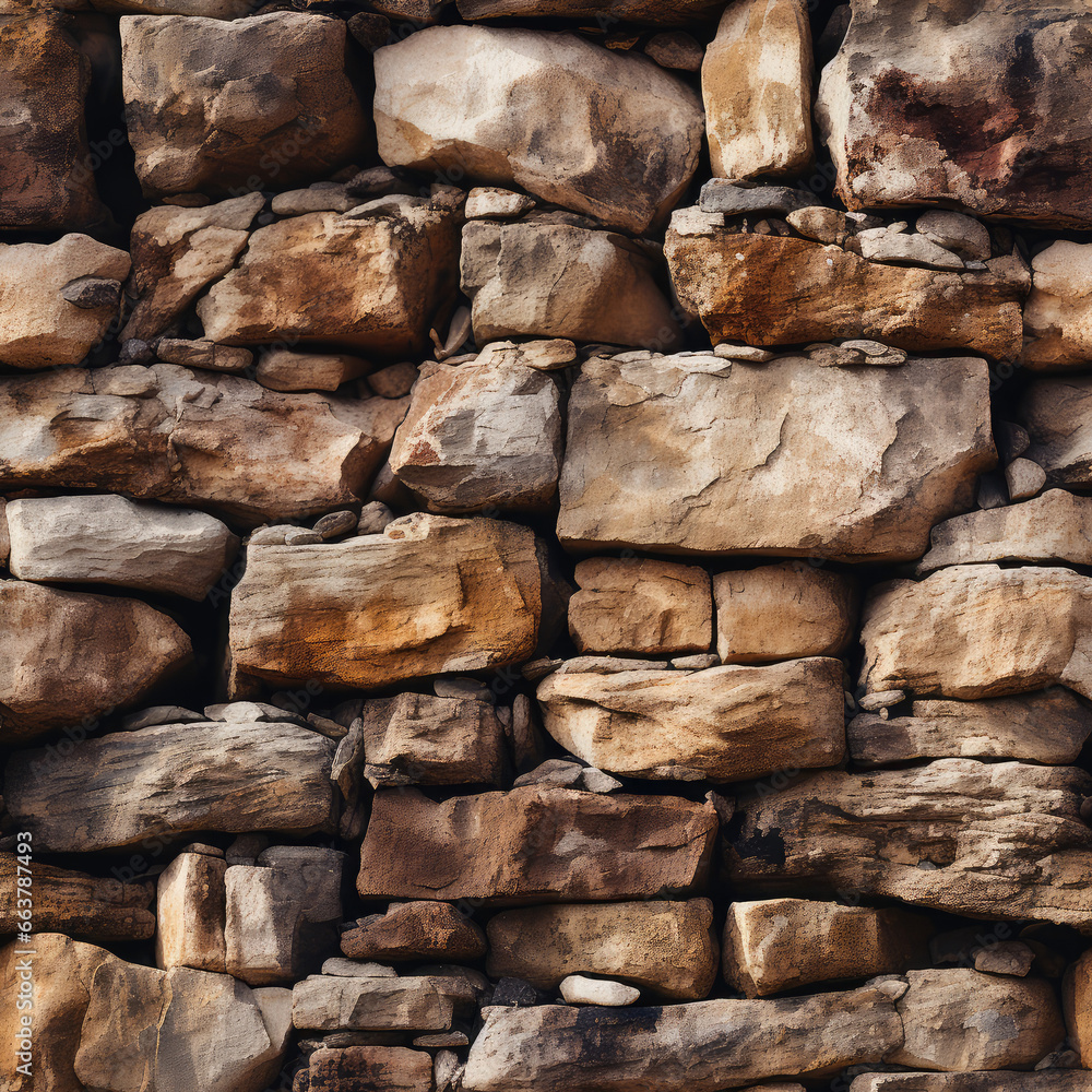 Fototapeta premium Stone wall, brick mansory cartoon repeat pattern rough textured tile