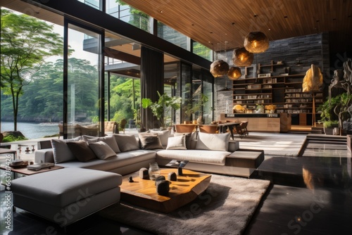 Home interior design of modern living room near lake © Attasit