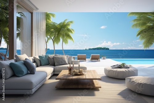 Home interior design of modern living room near lake © Attasit