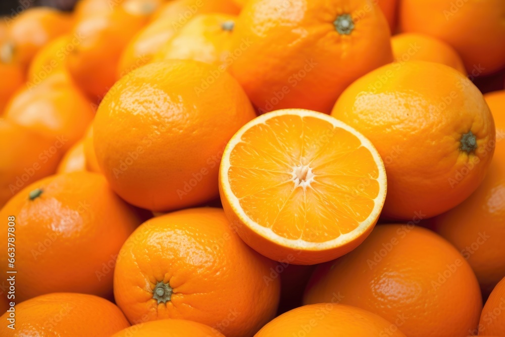 pile of ripe oranges on a market stall pile of ripe oranges on a market stall