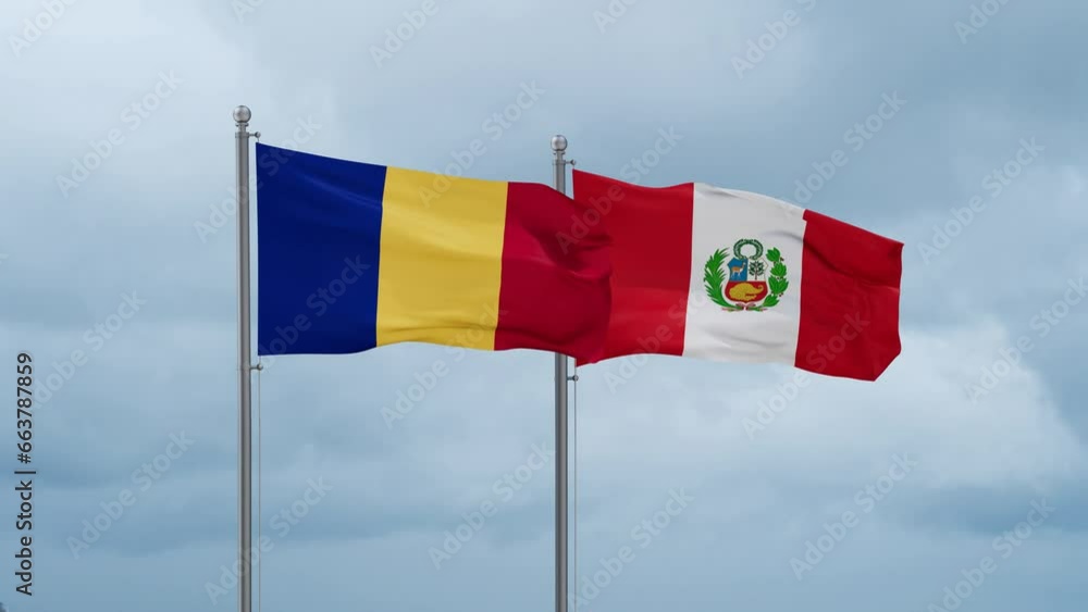 Peru and Romania flag waving together on cloudy sky, endless seamless loop, two country cooperation concept Peru and Romania flag waving together on cloudy sky, endless seamless loop, two country cooperation concept