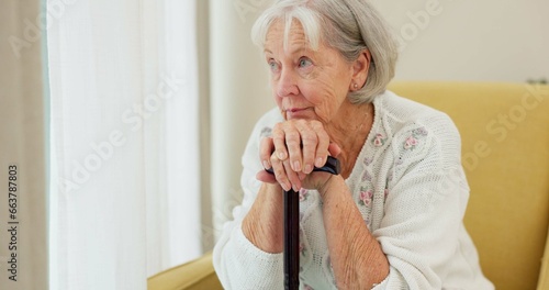 Fotografie Senior woman, cane and thinking on home sofa to remember memory and relax in retirement