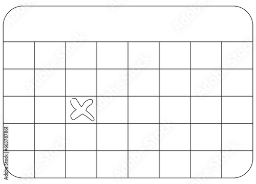 Simple outline black sketch of a calendar with date marked with a cross. Vector monochrome contour icon with thin lines isolated on transparent background. Line thickness editable