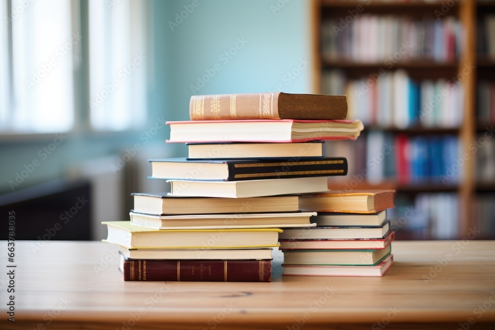 stack of books on table in office stack of books on table in office